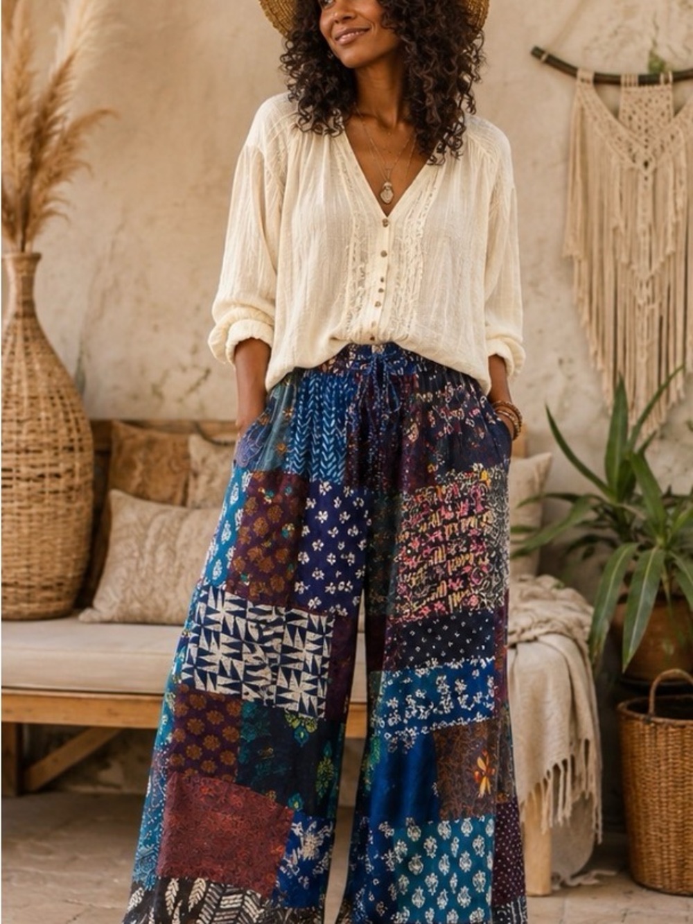 Jaded Gypsy JG-207 Patchwork Wide Leg Boho Pants Sz L/XL waist 19’ Inseam 23’